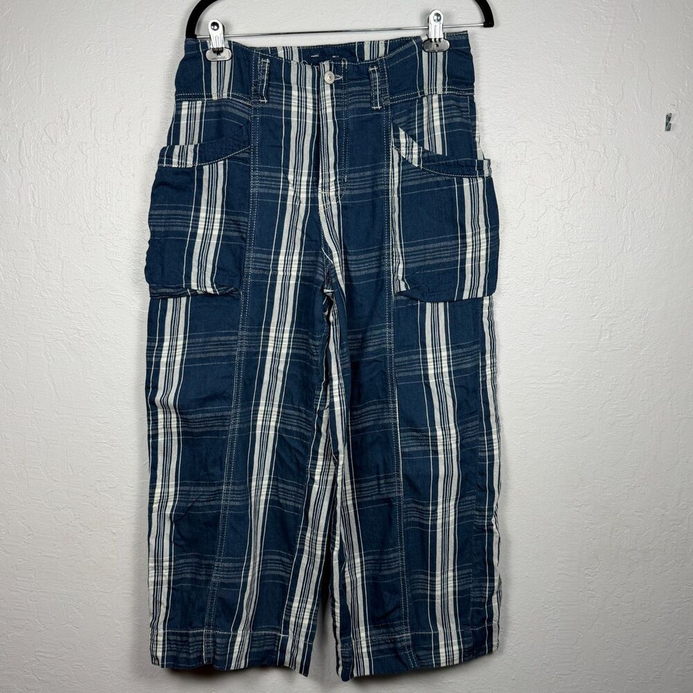 We The Free by Free People Plaid Wide Leg Cargo Capri Pants Women's 30 Blue - Picture 6 of 9